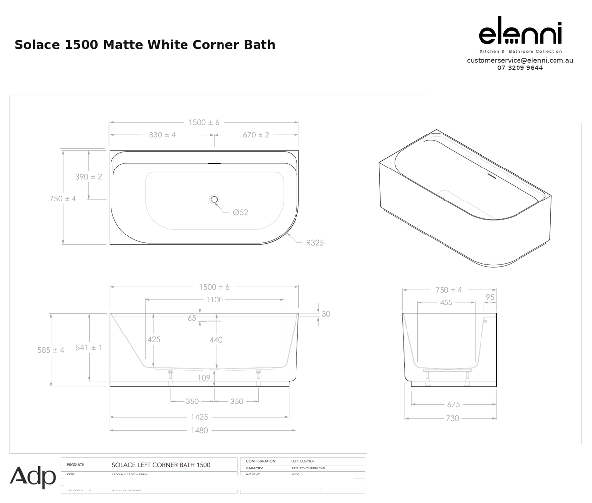 adp-solace-corner-1500-matte-white specification dimensions diagram