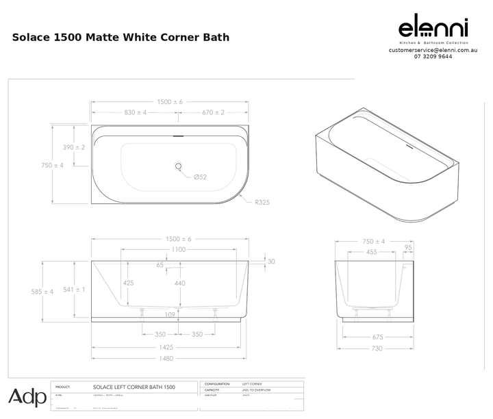 adp-solace-corner-1500-matte-white specification dimensions diagram