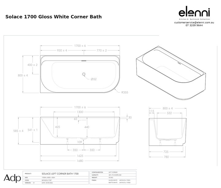adp-solace-corner-1700-gloss-white specification dimensions diagram