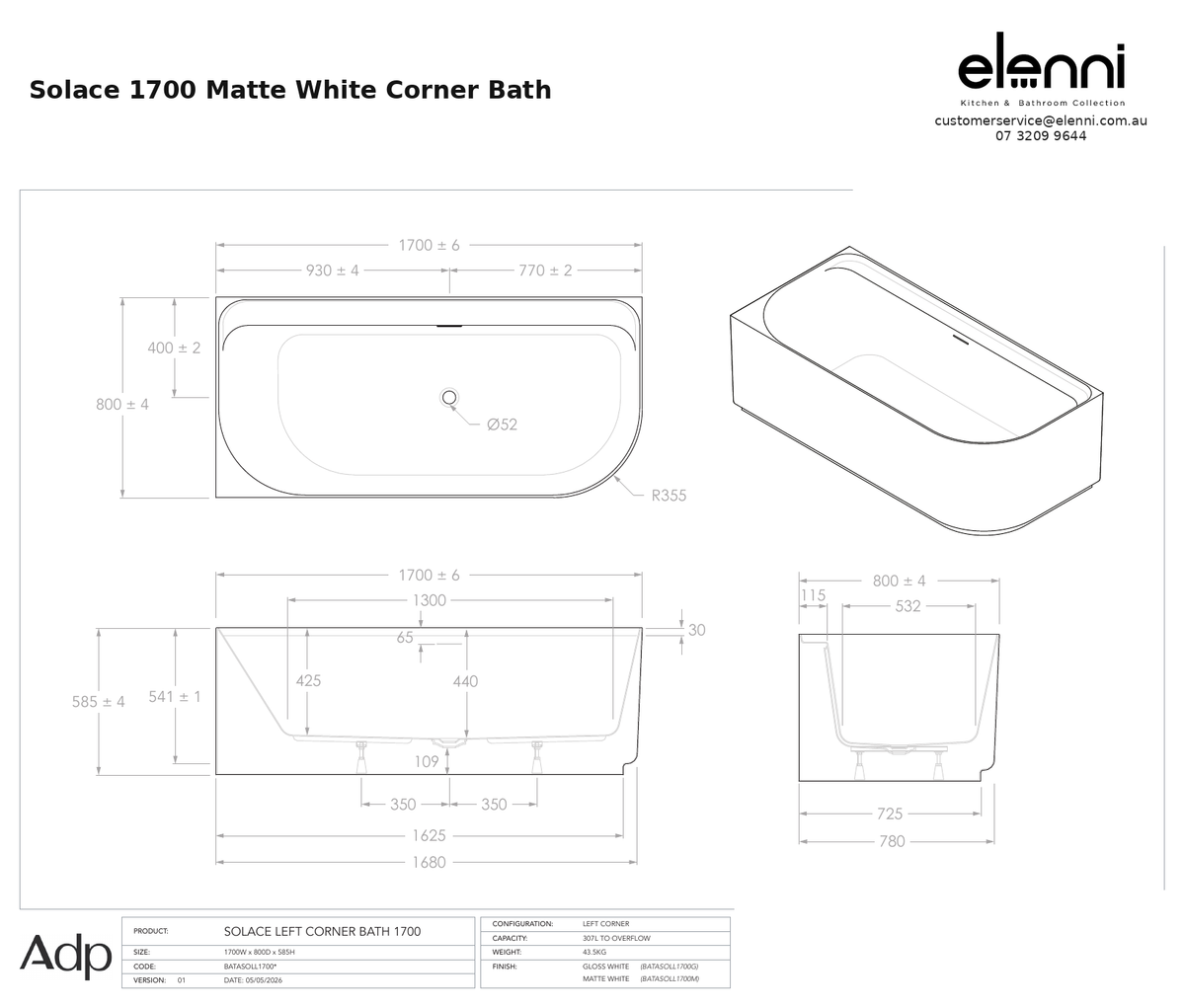adp-solace-corner-1700-matte-white specification dimensions diagram
