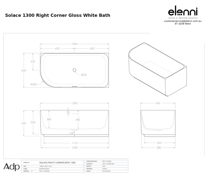 adp-solace-right-corner-1300-gloss-white specification dimensions diagram
