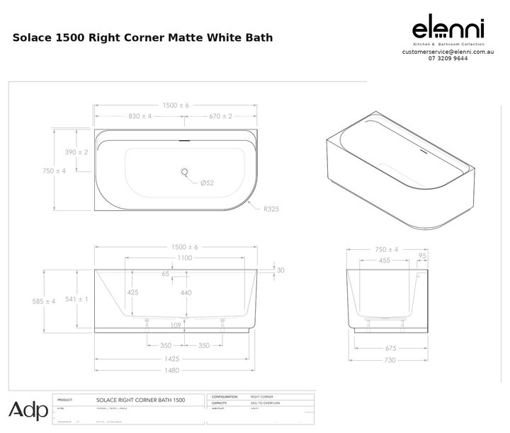 adp-solace-right-corner-1500-matte-white specification dimensions diagram