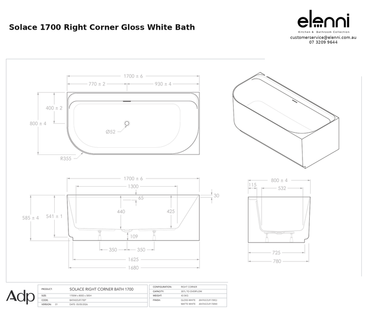 adp-solace-right-corner-1700-gloss-white specification dimensions diagram