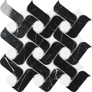 Ark Nero Marquina+Carrara Marble Mosaic tile face, 300 x 300 mm