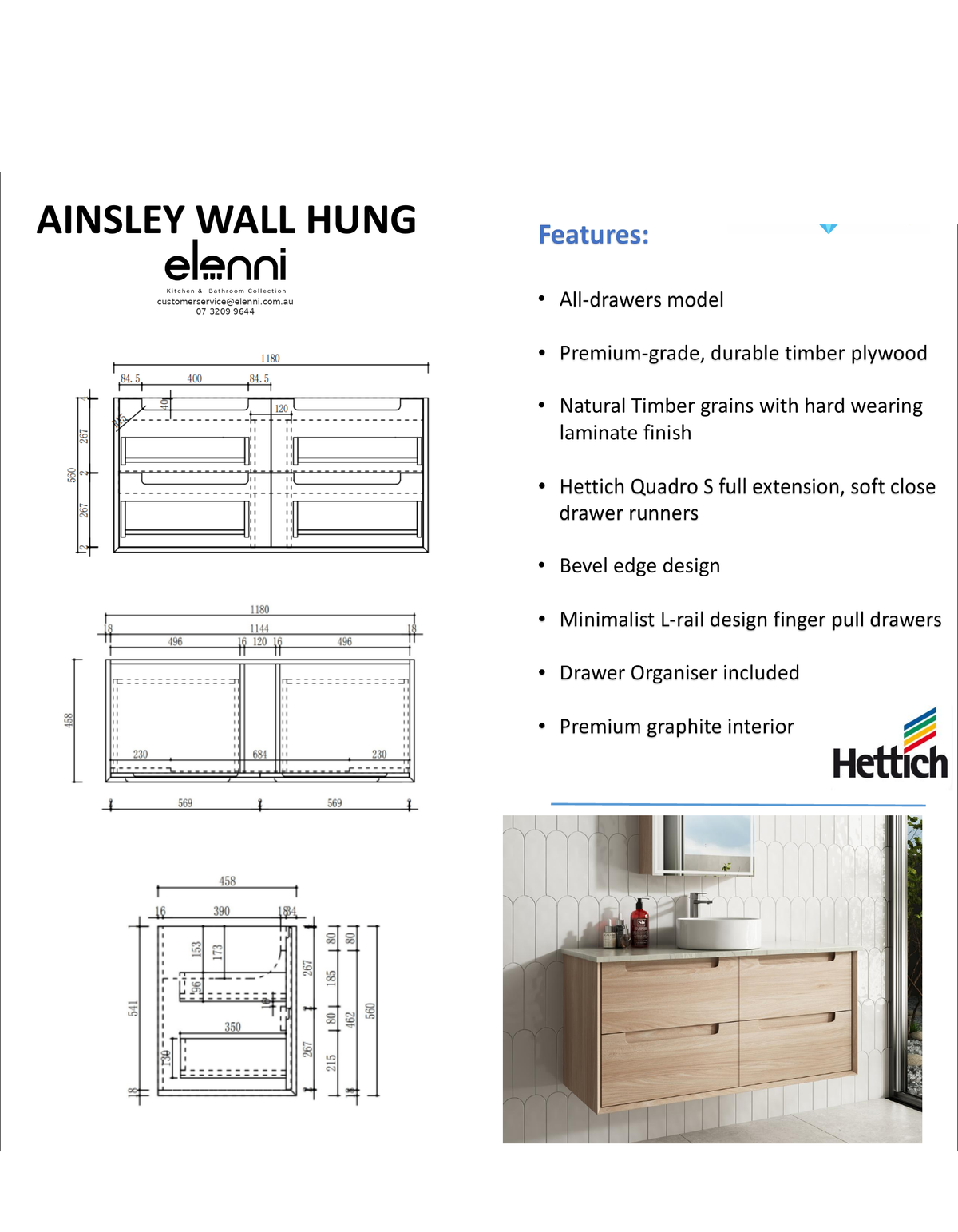 Elenni specification sheet - Ainsley Wall Hung 1200mm