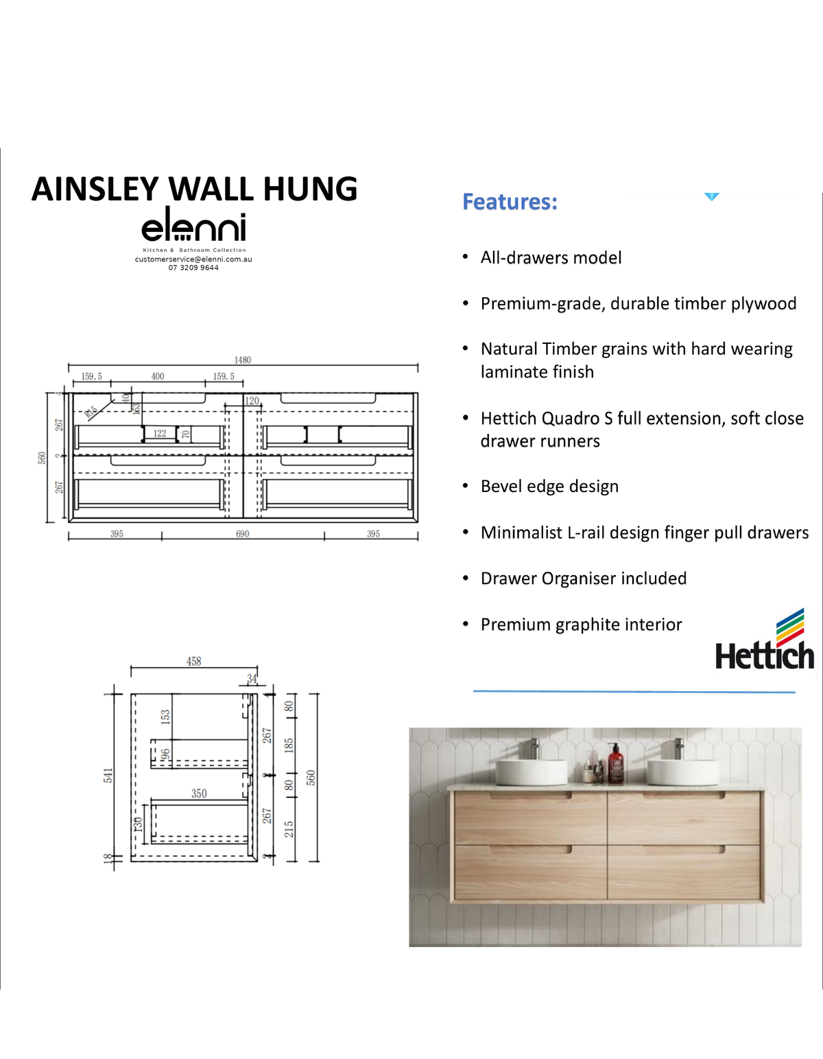 Elenni specification sheet - Ainsley Wall Hung 1500mm