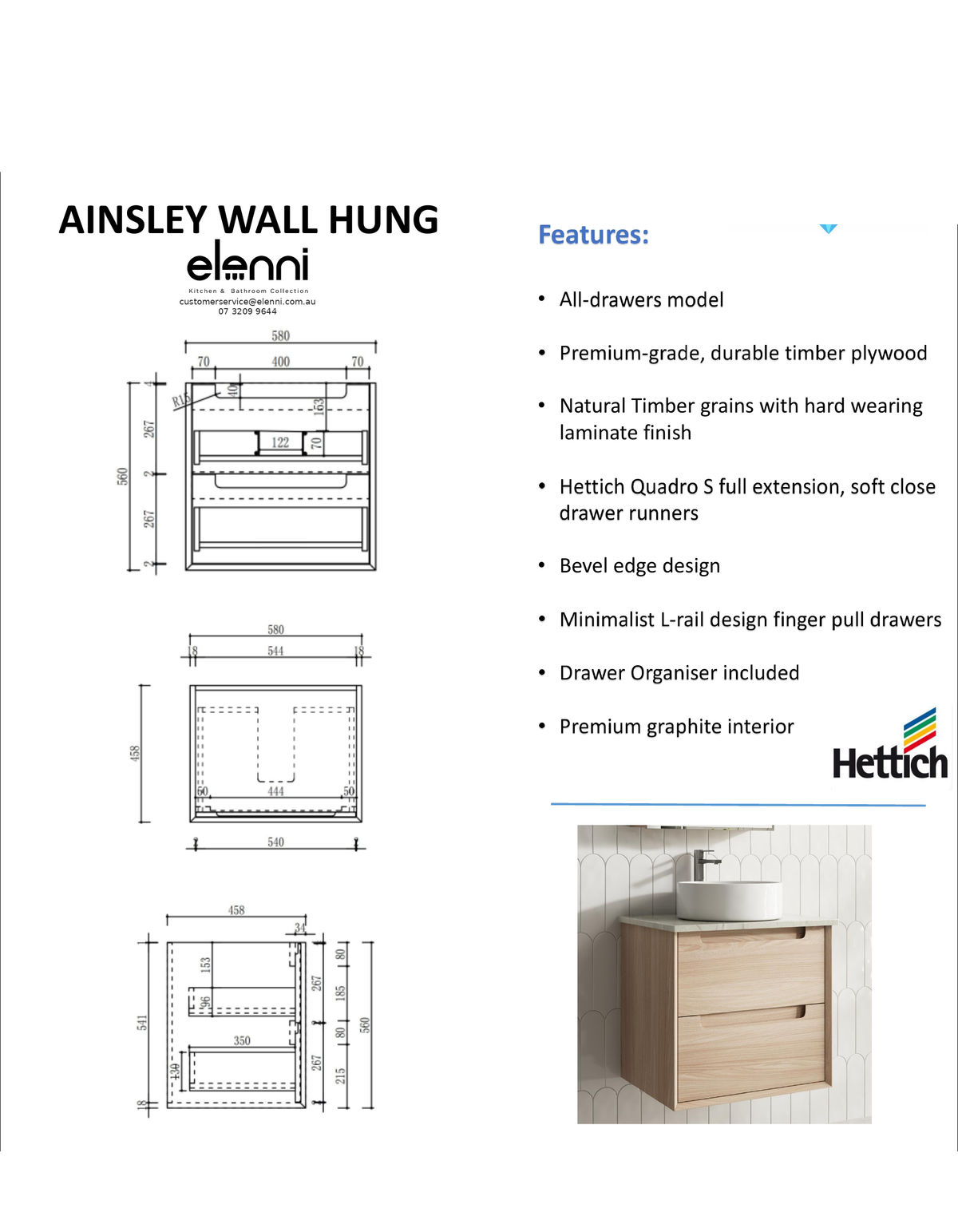 Elenni specification sheet - Ainsley Wall Hung 600mm