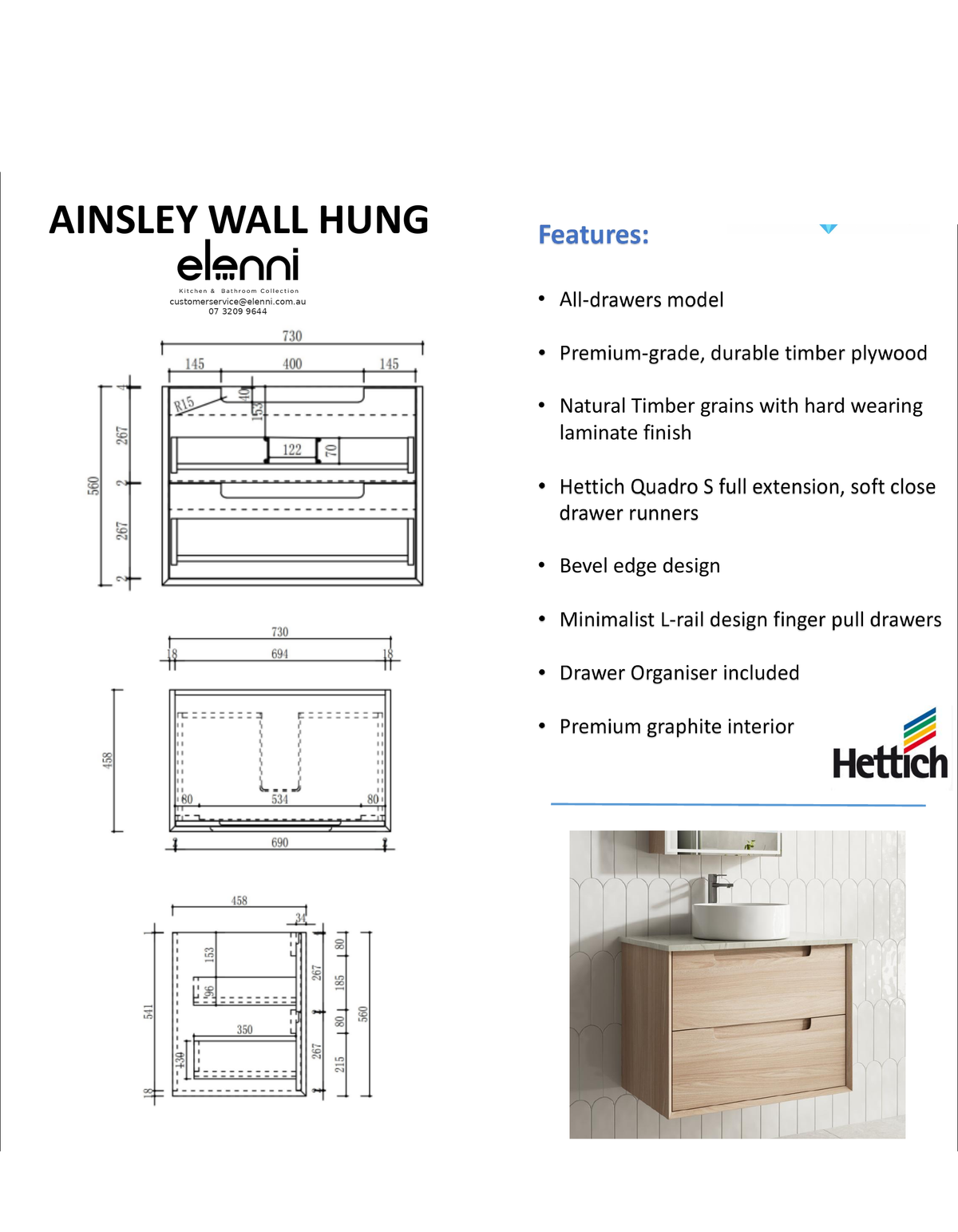Elenni specification sheet - Ainsley Wall Hung 750mm