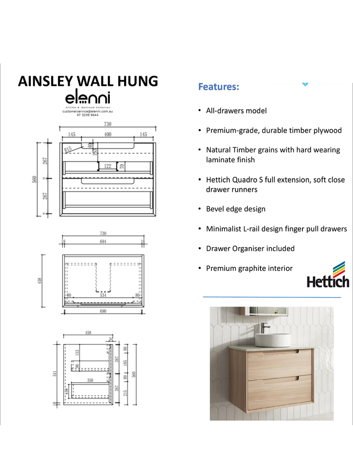 Elenni specification sheet - Ainsley Wall Hung 750mm
