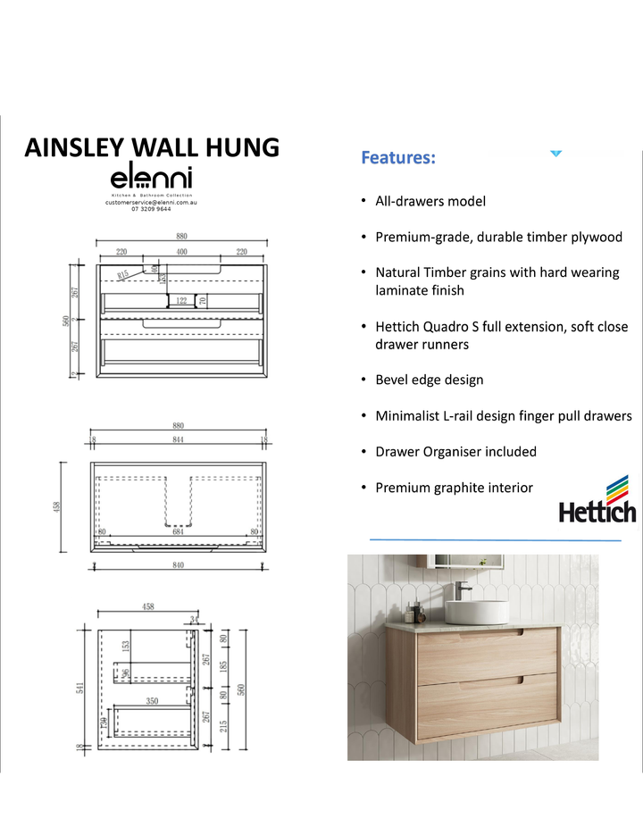 Elenni specification sheet - Ainsley Wall Hung 900mm