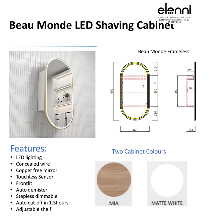Elenni specification sheet - Beau Monde LED Shaving Cabinet