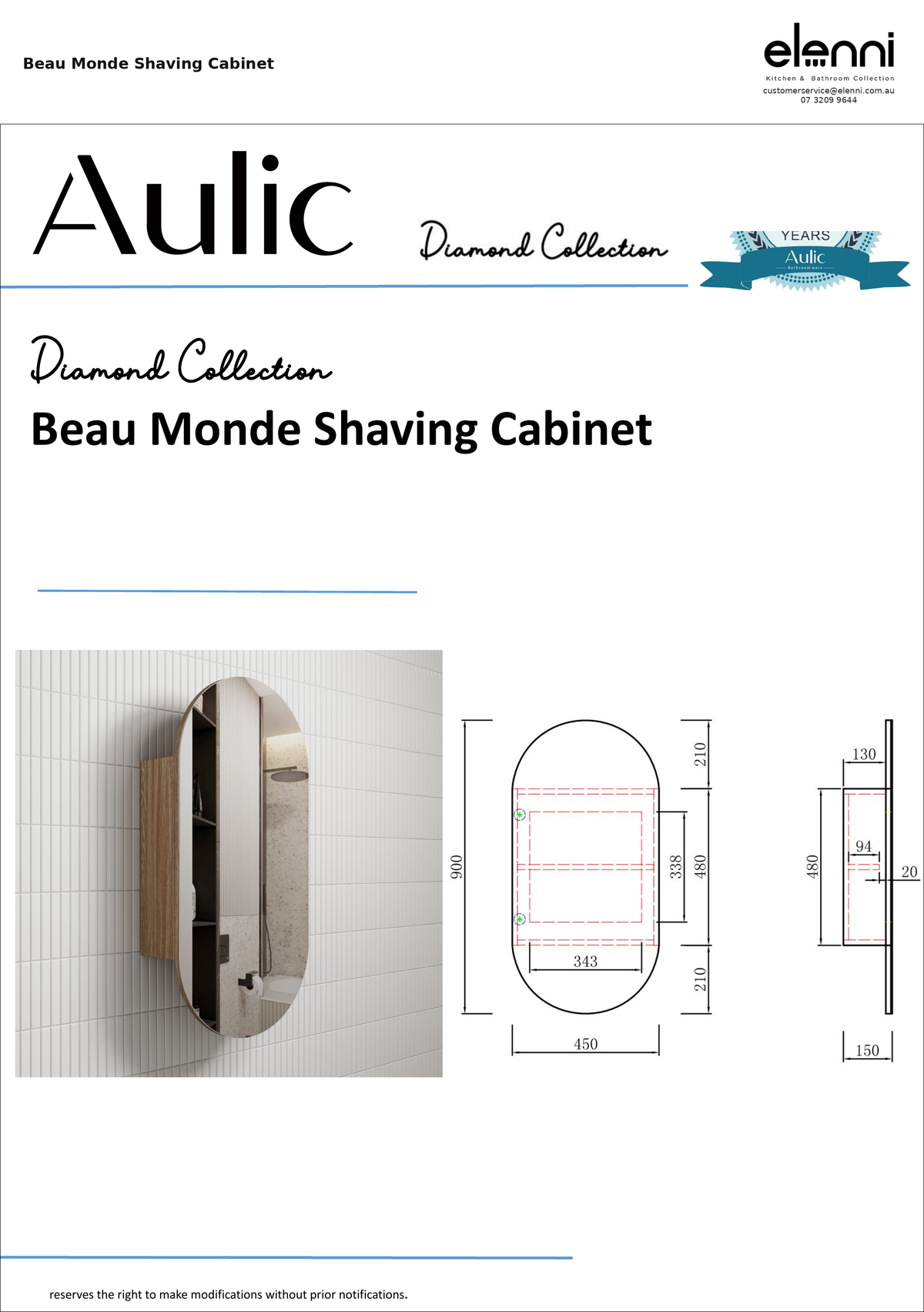 Beau Monde Shaving Cabinet — specification sheet (Elenni)