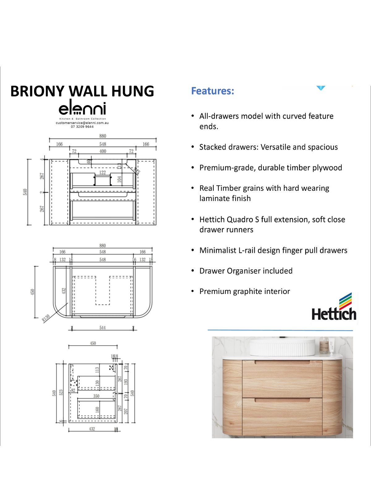 Elenni specification sheet - Briony Wall Hung 900mm
