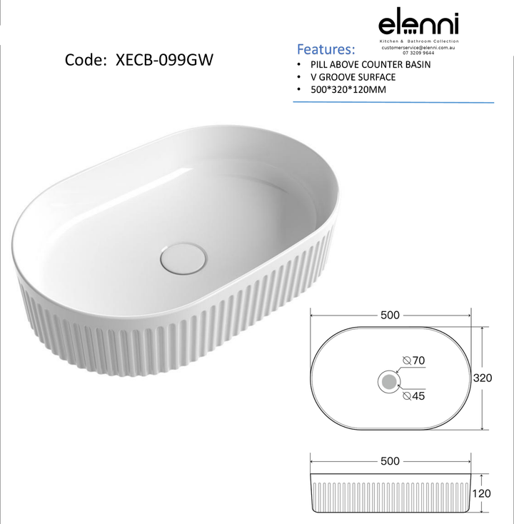 Elenni specification sheet - Cadel Gloss White Basin