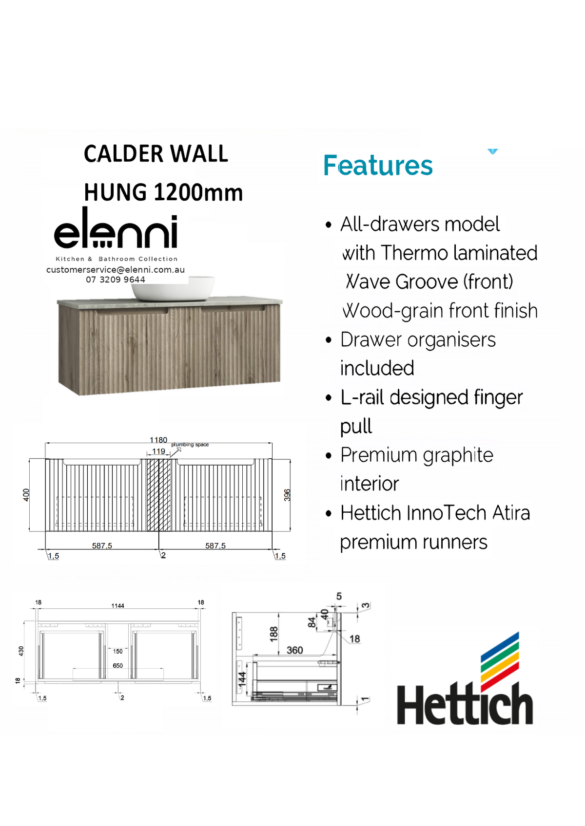 Elenni specification sheet - Calder Wall Hung 1200mm