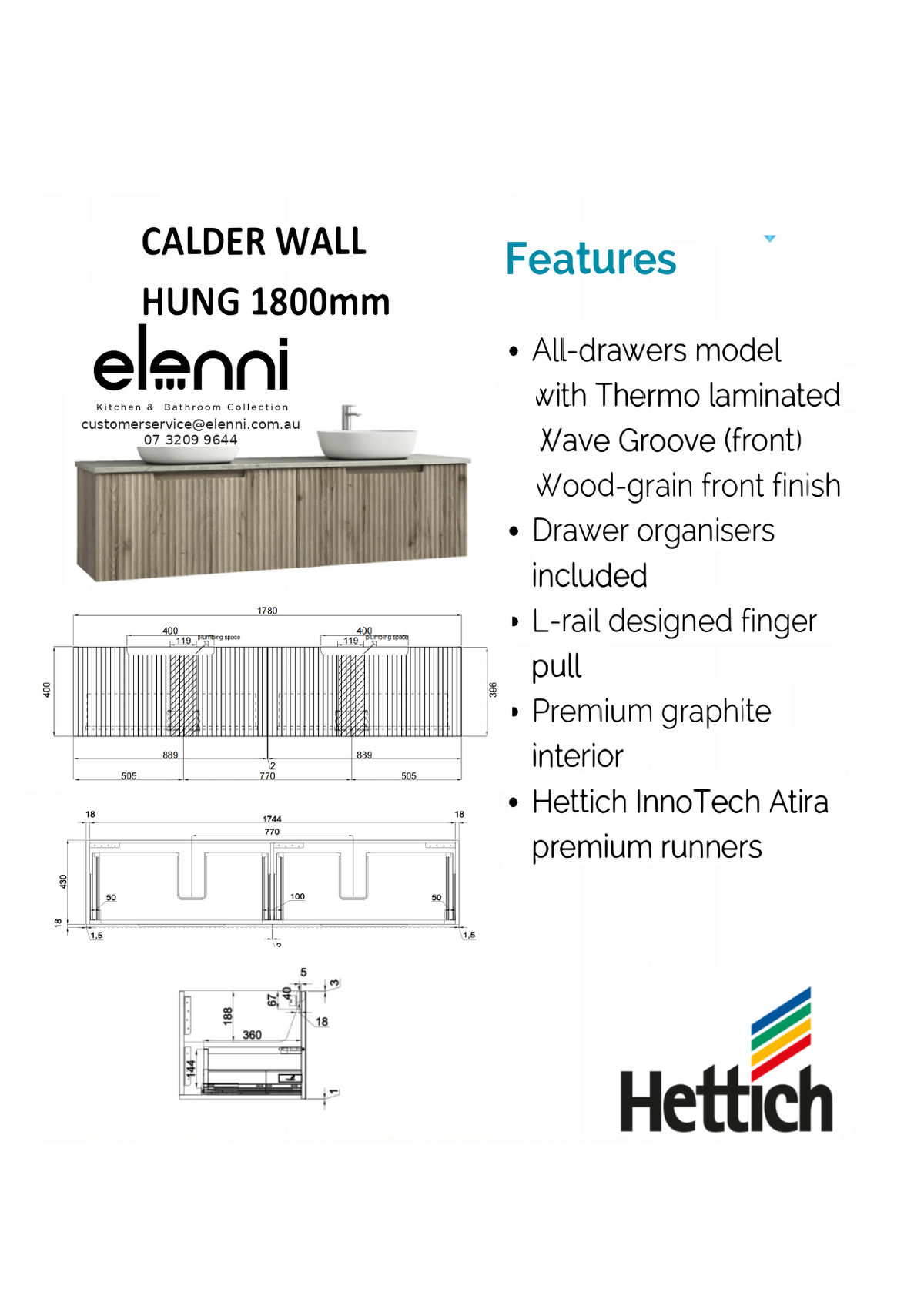 Elenni specification sheet - Calder Wall Hung 1800mm