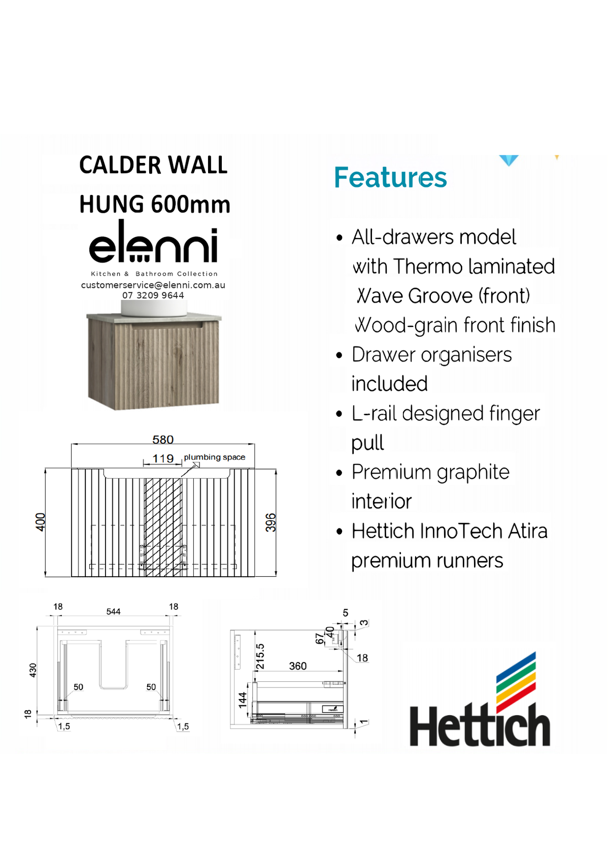 Elenni specification sheet - Calder Wall Hung 600mm