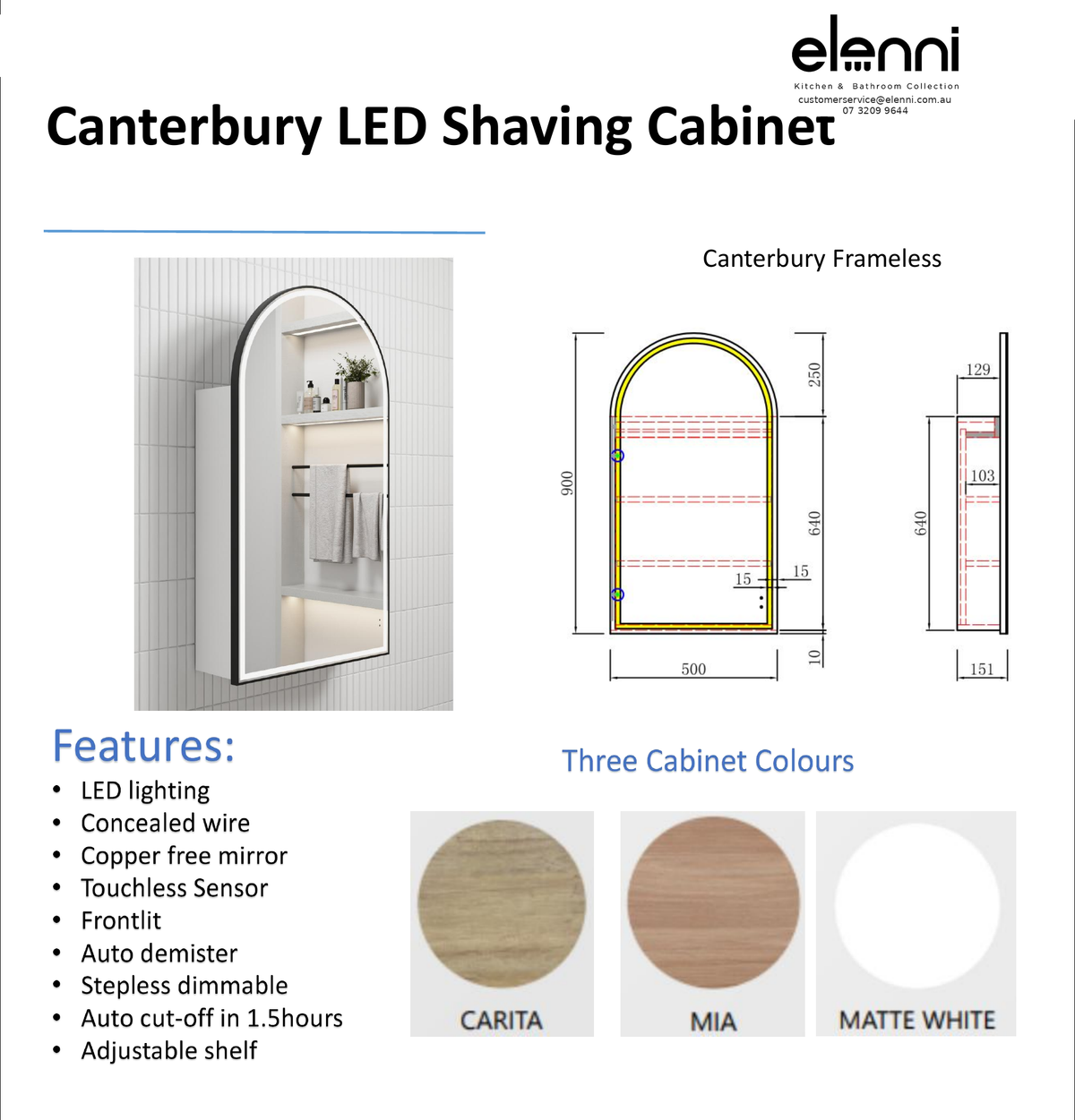 Elenni specification sheet - Canterbury LED Shaving Cabinet
