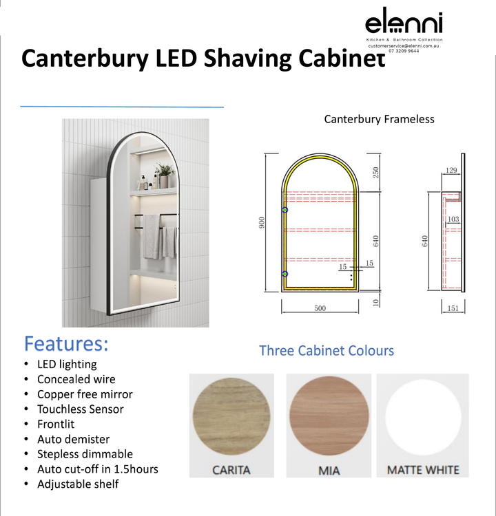 Elenni specification sheet - Canterbury LED Shaving Cabinet