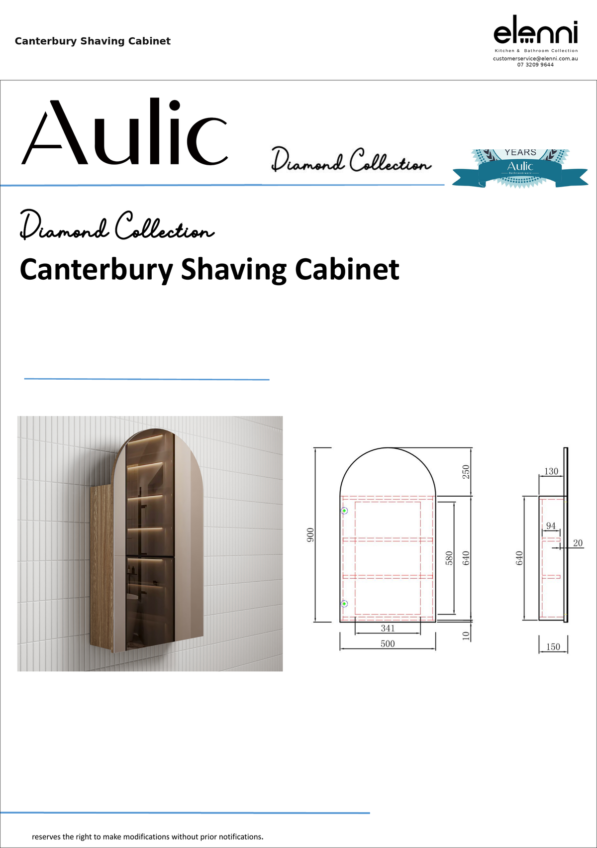 Canterbury Shaving Cabinet — specification sheet (Elenni)