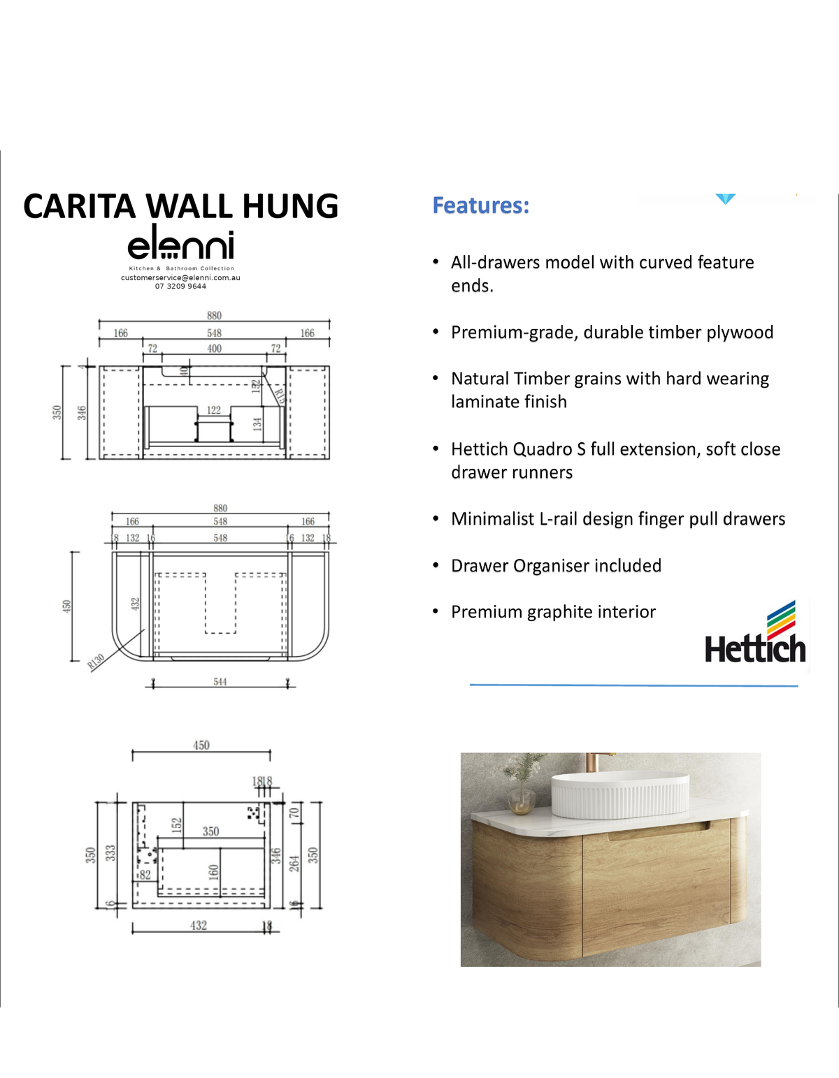 Elenni specification sheet - Carita Wall Hung 900mm