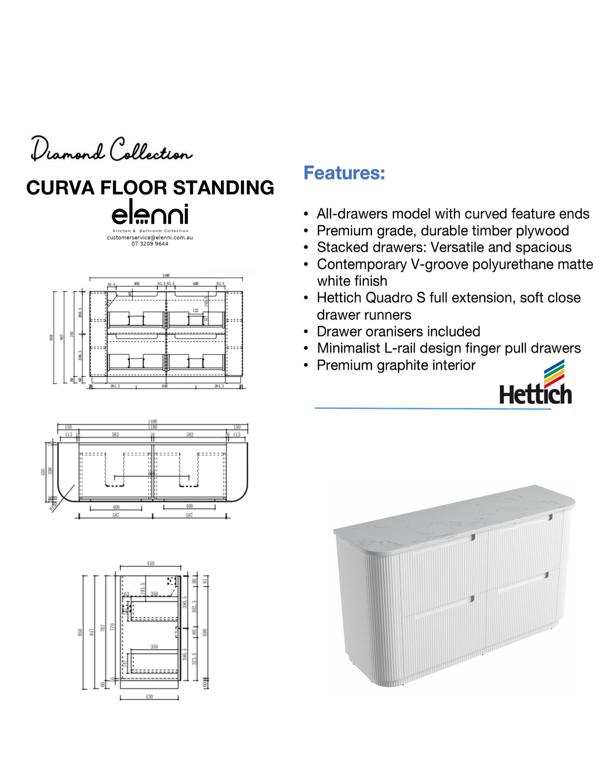 Elenni specification sheet - Curva Floor Standing 1500mm