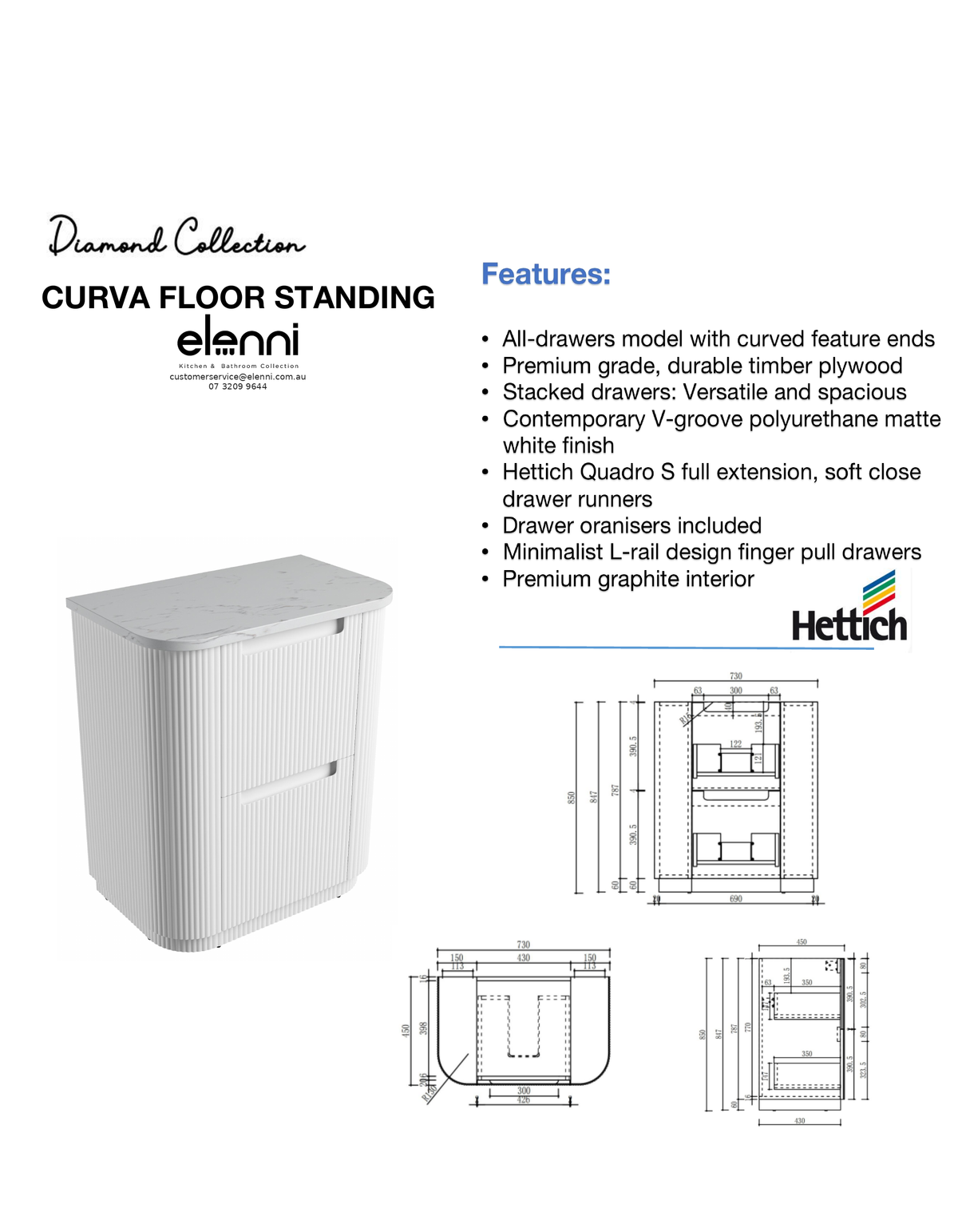 Elenni specification sheet - Curva Floor Standing 750mm