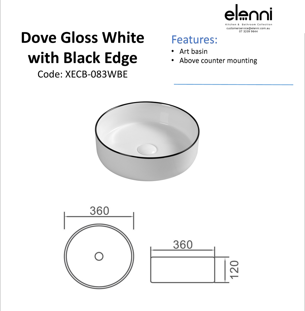 Elenni specification sheet - Dove Matte Black Basin