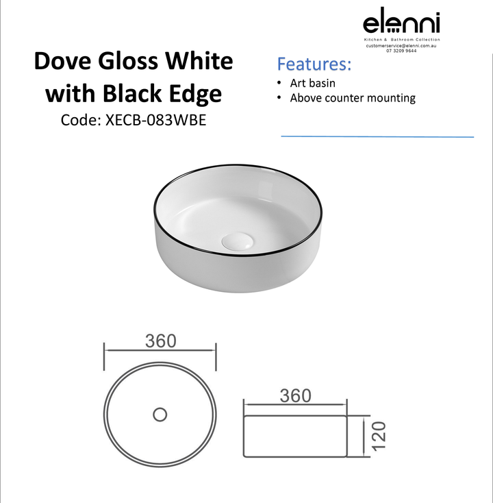 Elenni specification sheet - Dove Matte Black Basin