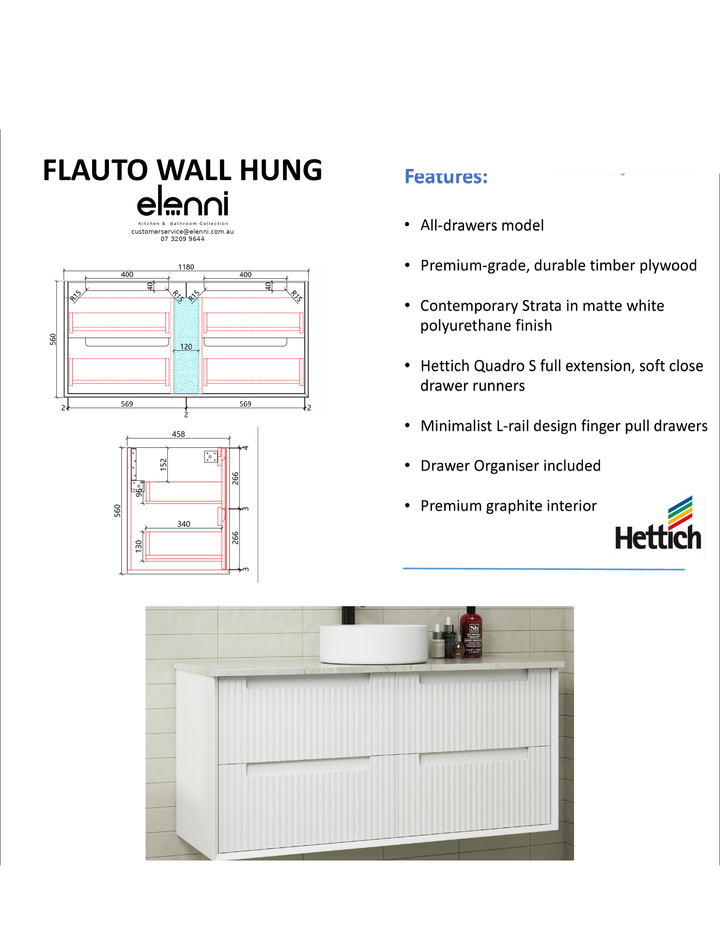 Elenni specification sheet - Flauto Wall Hung 1200mm