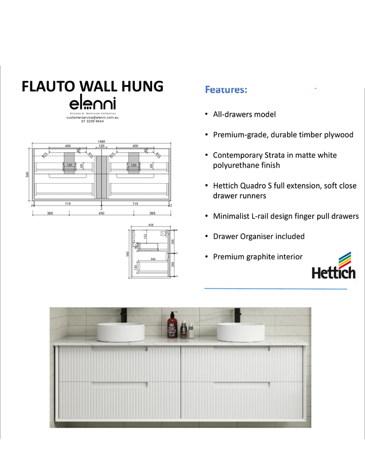 Elenni specification sheet - Flauto Wall Hung 1500mm
