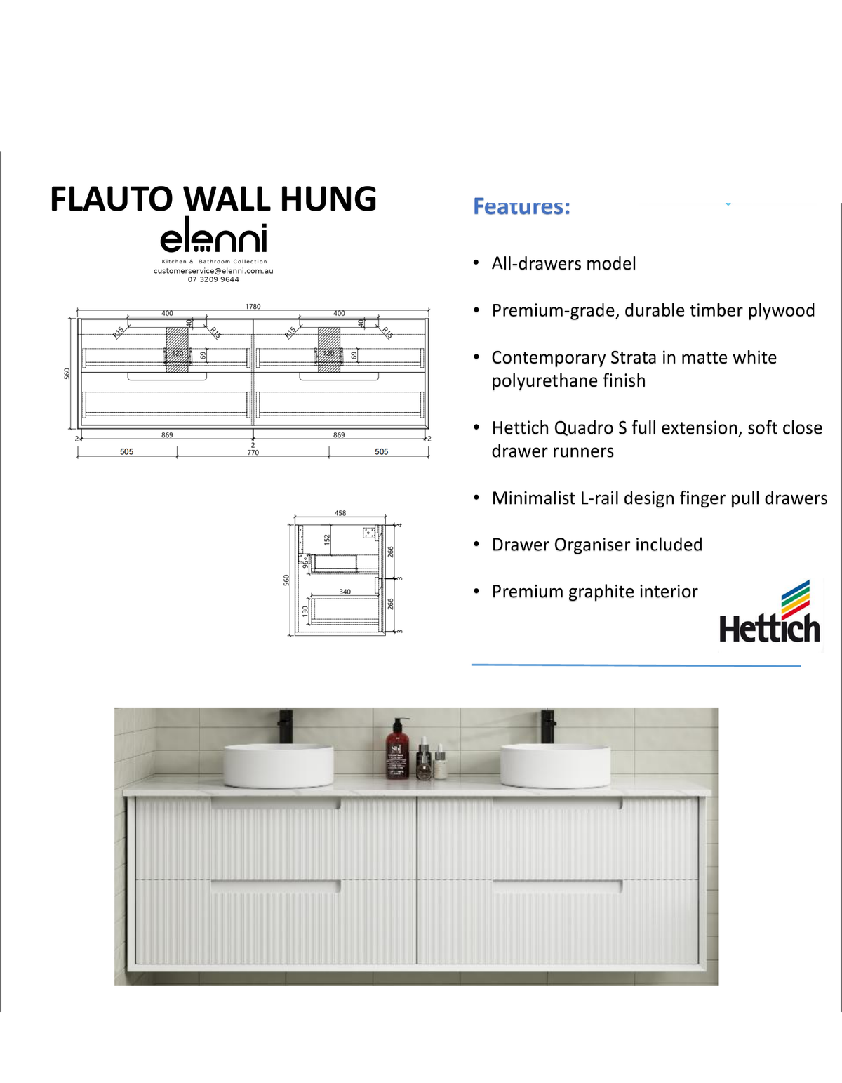 Elenni specification sheet - Flauto Wall Hung 1800mm