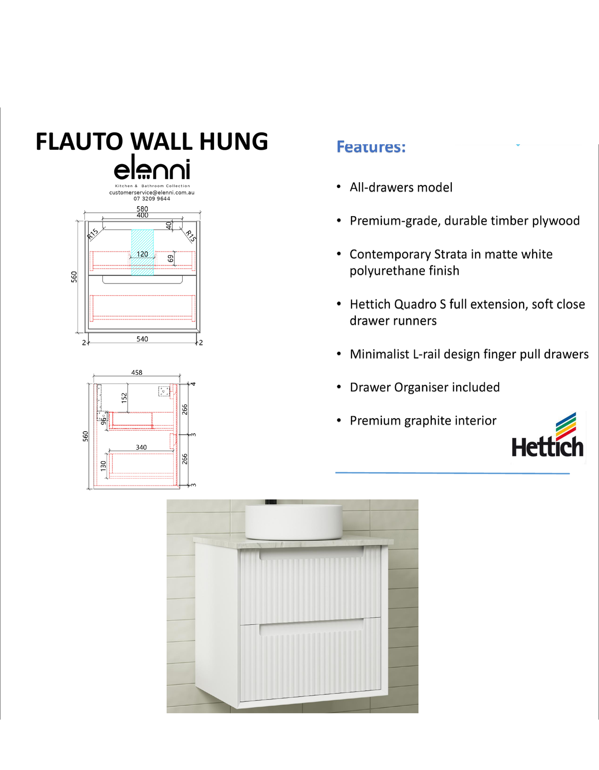 Elenni specification sheet - Flauto Wall Hung 600mm