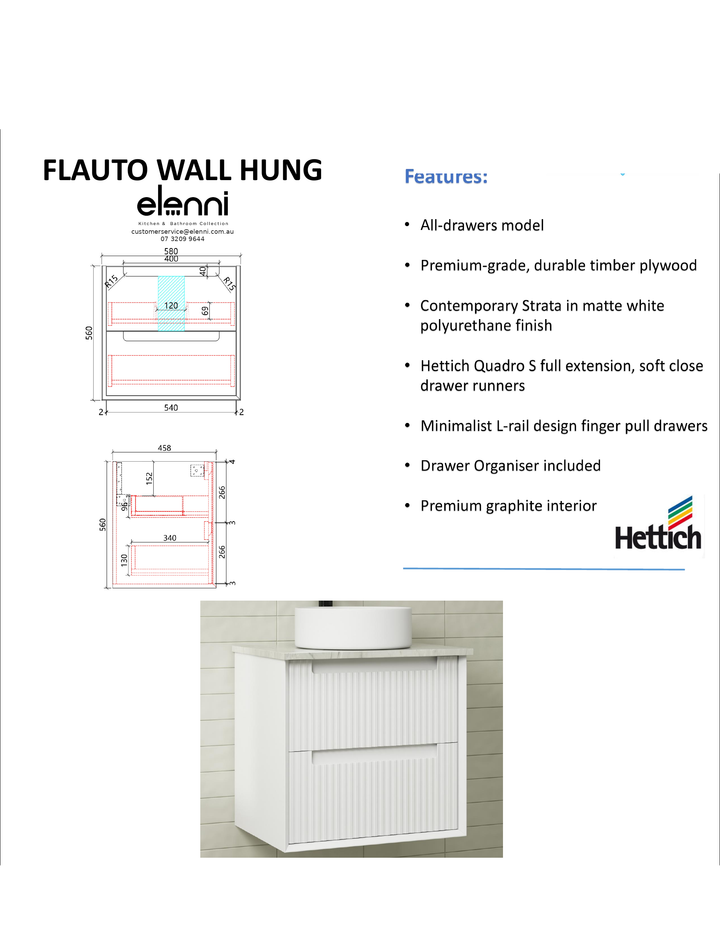 Elenni specification sheet - Flauto Wall Hung 600mm