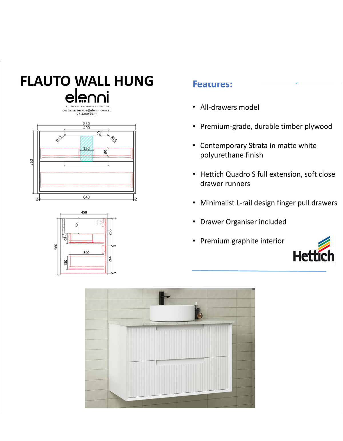 Elenni specification sheet - Flauto Wall Hung 900mm