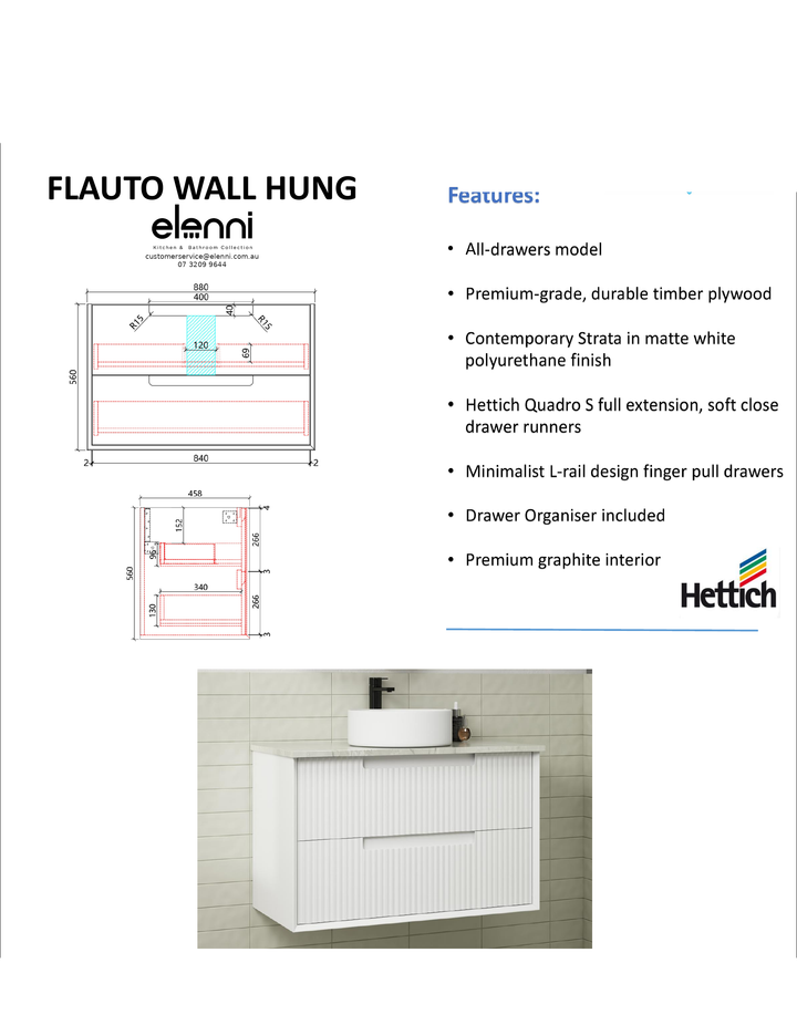 Elenni specification sheet - Flauto Wall Hung 900mm