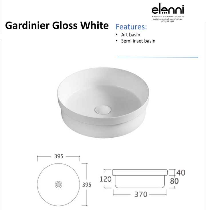 Elenni specification sheet - Gardinier Gloss White Semi Inset Basin