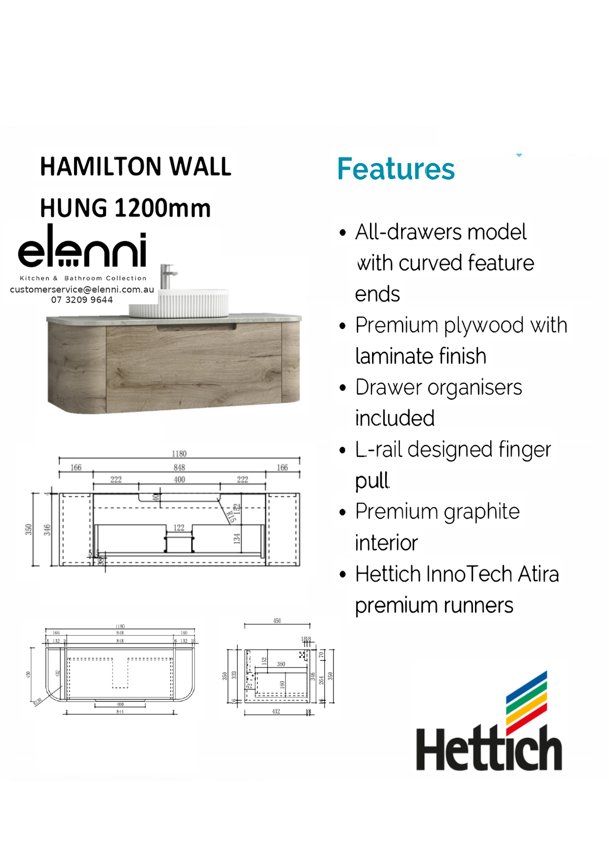 Elenni specification sheet - Hamilton Wall Hung 1200mm