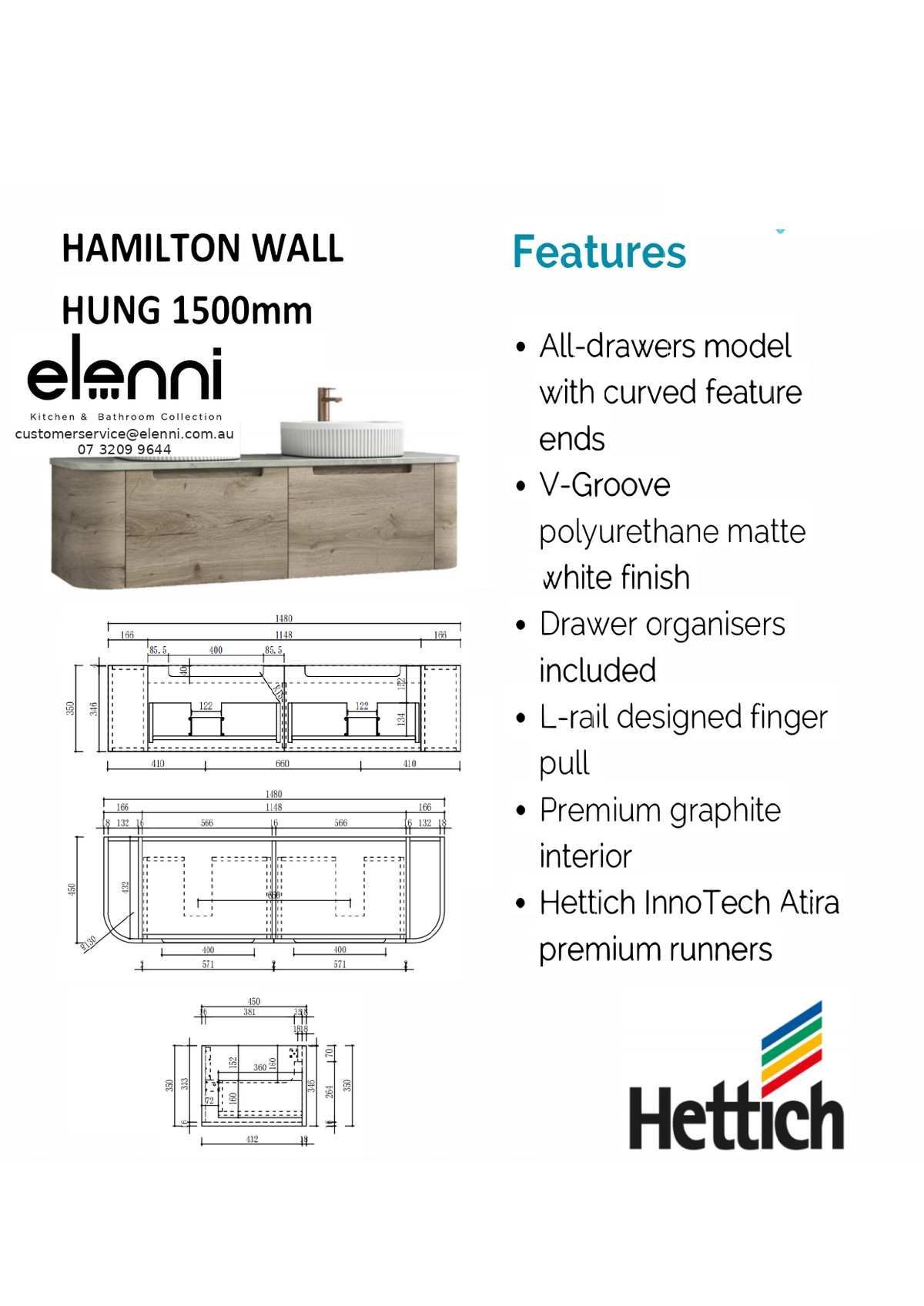 Elenni specification sheet - Hamilton Wall Hung 1500mm