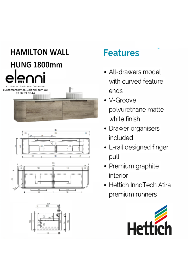 Elenni specification sheet - Hamilton Wall Hung 1800mm