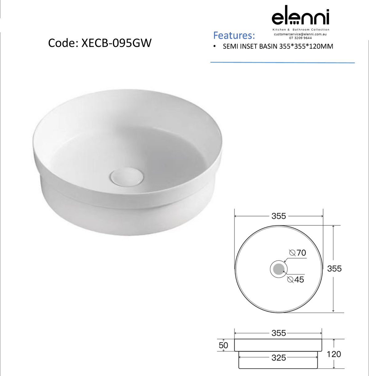 Elenni specification sheet - Lena Gloss White Semi Inset Basin