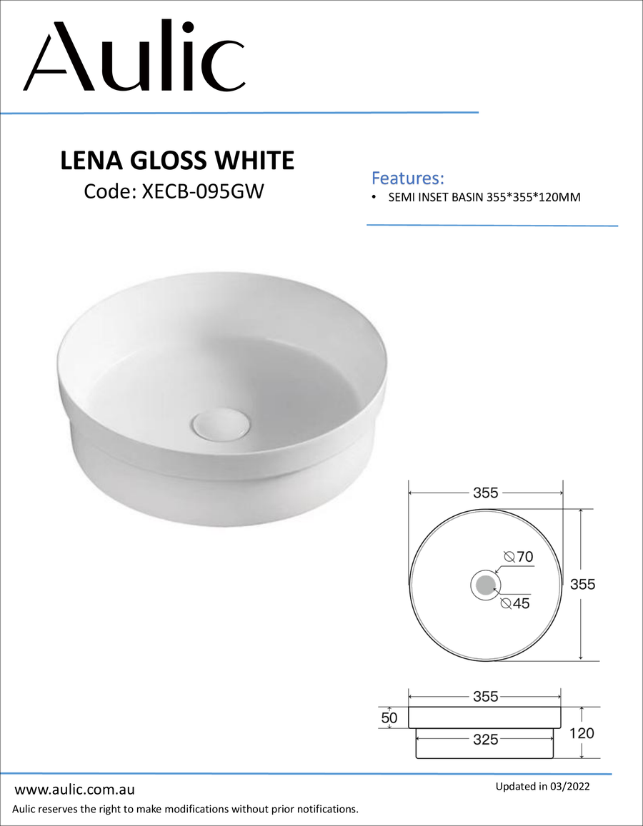 Aulic Lena Gloss White Semi Inset Basin product photo