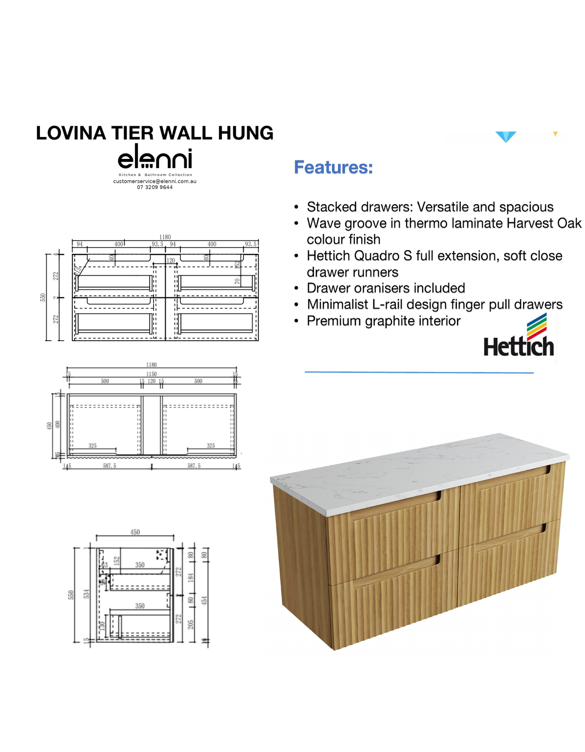Elenni specification sheet - Lovina Tier Wall Hung 1200mm