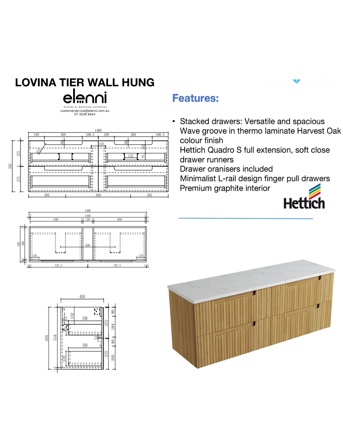 Elenni specification sheet - Lovina Tier Wall Hung 1500mm
