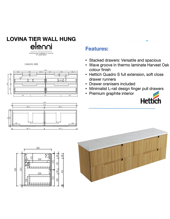 Elenni specification sheet - Lovina Tier Wall Hung 1800mm