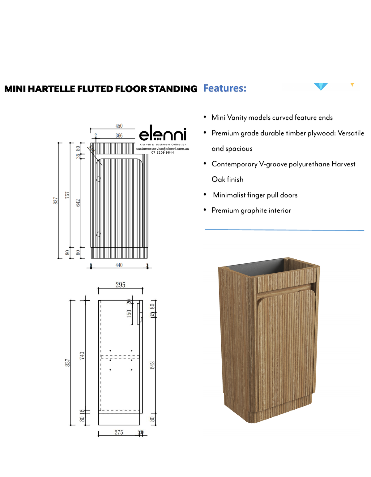 Elenni specification sheet - Mini Hartelle Fluted Floor Standing Harvest Oak Cabinet