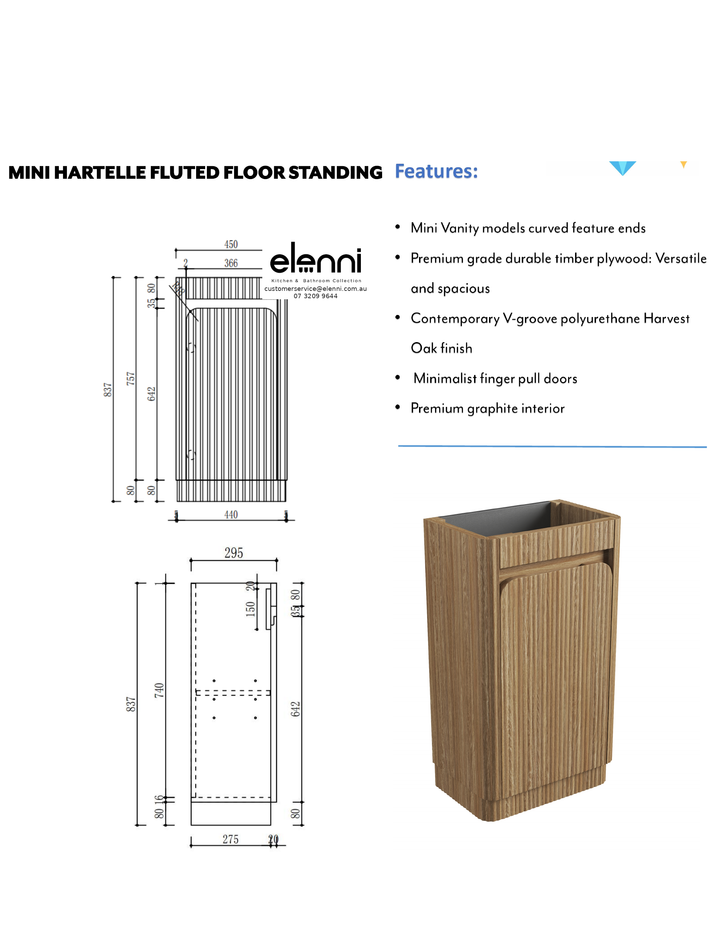Elenni specification sheet - Mini Hartelle Fluted Floor Standing Harvest Oak Cabinet