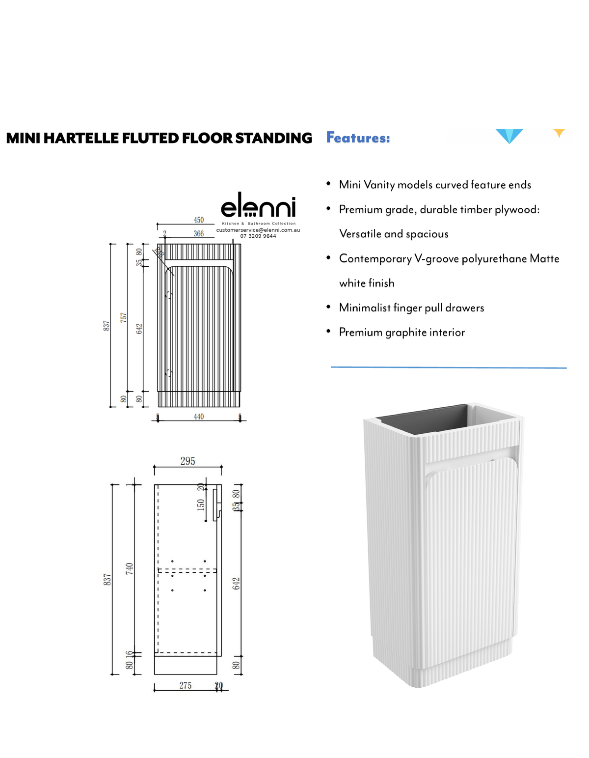 Elenni specification sheet - Mini Hartelle Fluted Floor Standing Matte White Cabinet