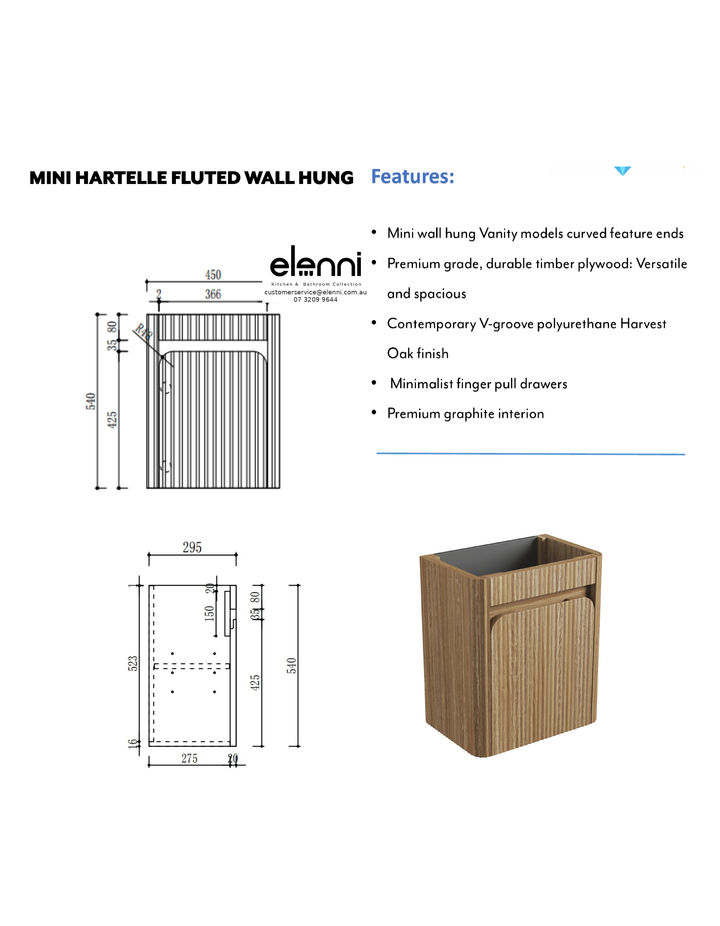 Elenni specification sheet - Mini Hartelle Fluted Wall Hung Harvest Oak Cabinet