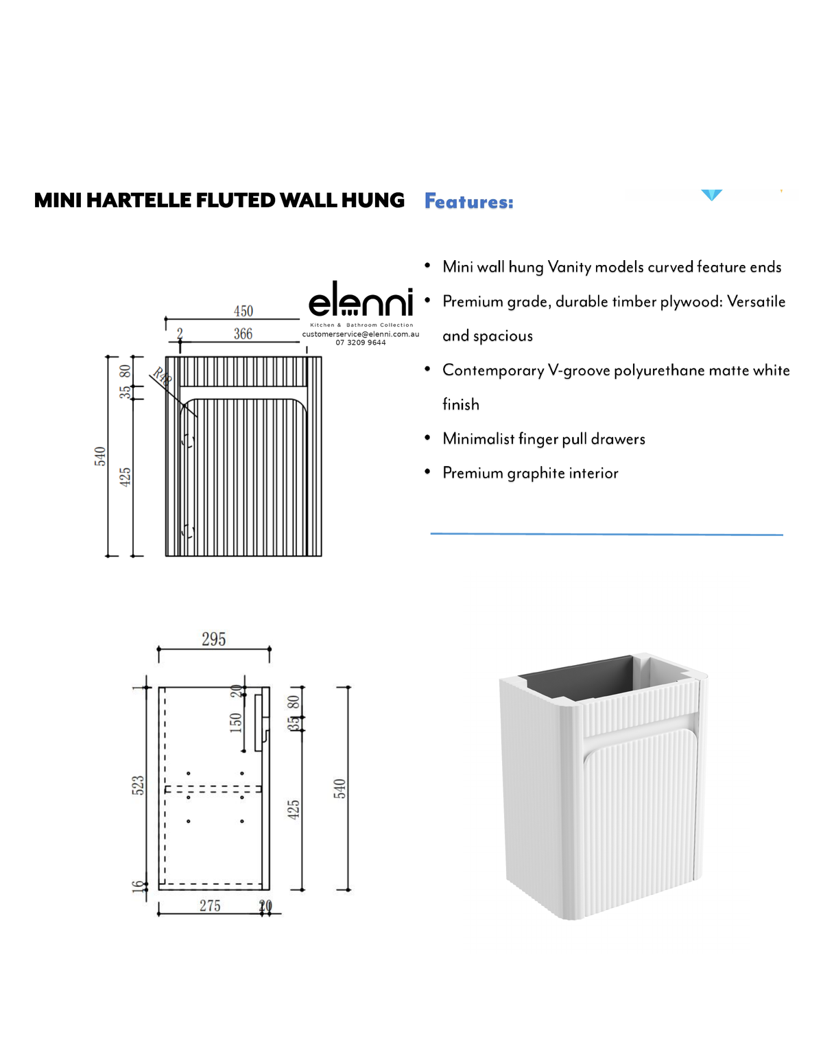 Elenni specification sheet - Mini Hartelle Fluted Wall Hung Matte White Cabinet